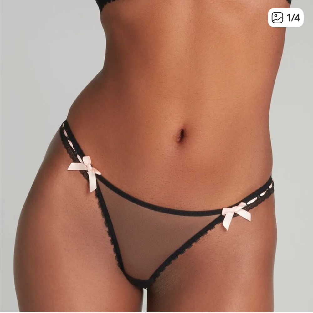 NWT Agent Provacateur Claira black mesh panties with pink ribbon
